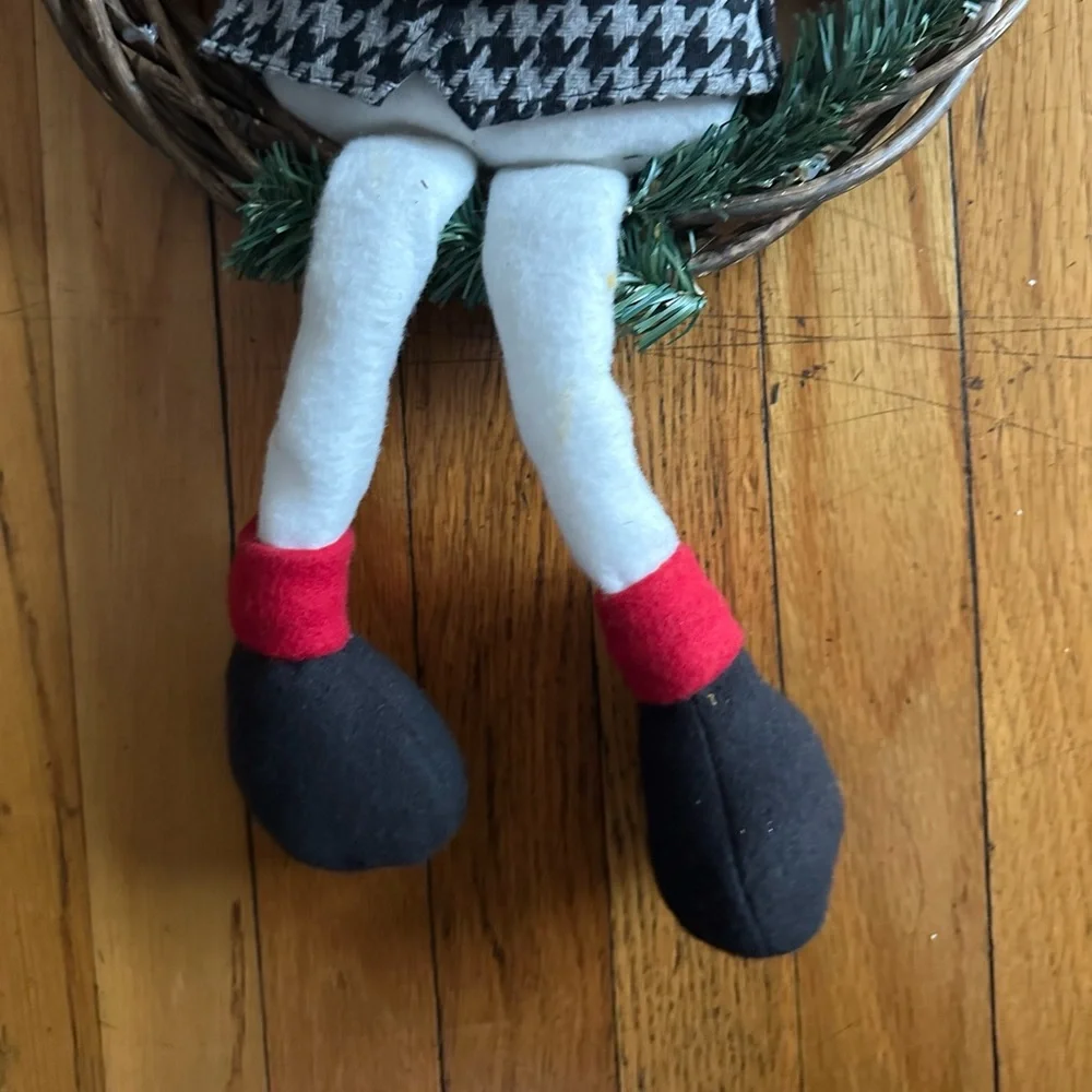 Christmas Stuffed Snowman WELCOME Door Wreath w. Red Scarf & Vines. Wood Sign.
